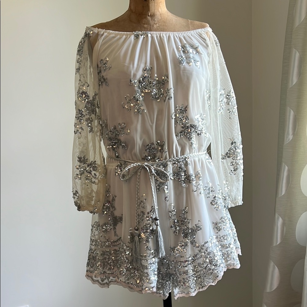 Elegant White and Silver Sequin Romper